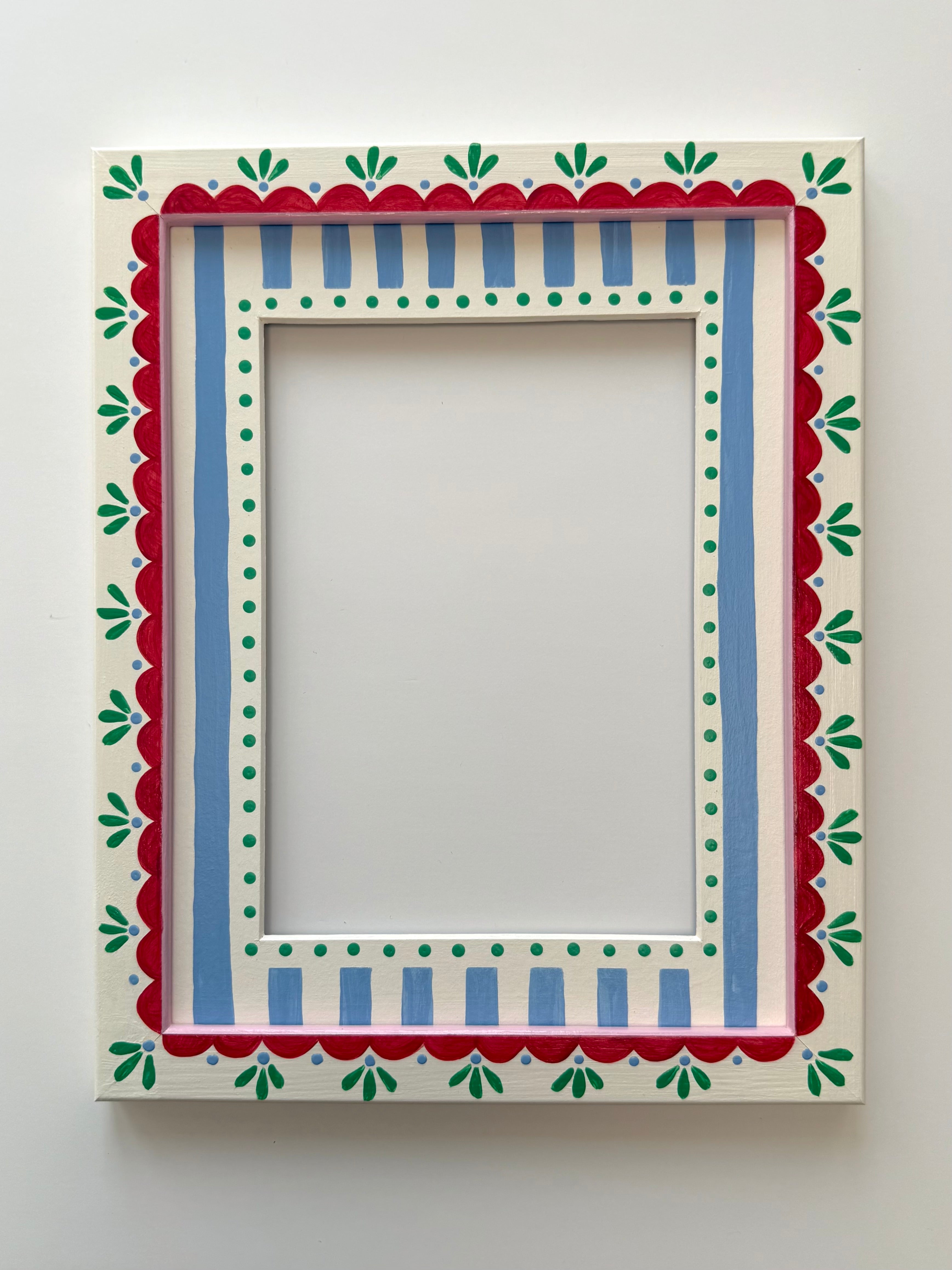 Green and Red Decorative Frame with Blue Stripe Mount